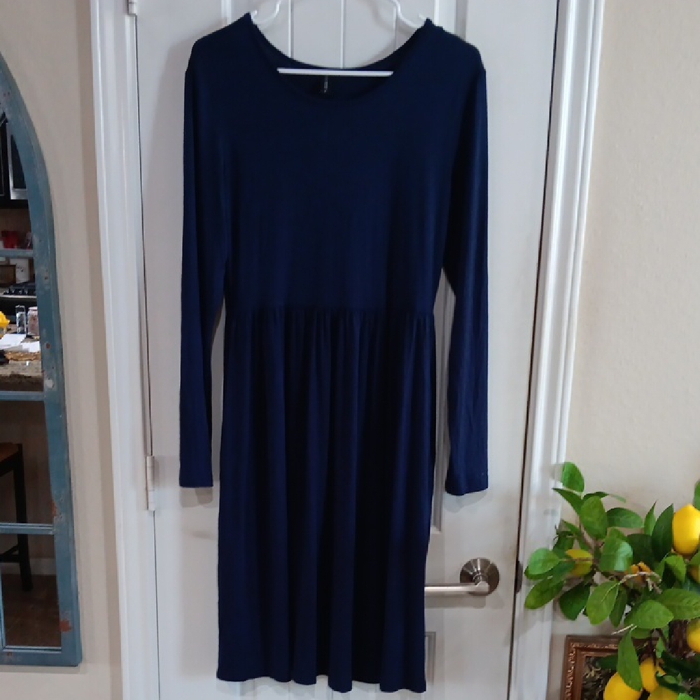 DB Moon Navy Blue Long Sleeve Empire Waist Midi Dress Pockets Size M